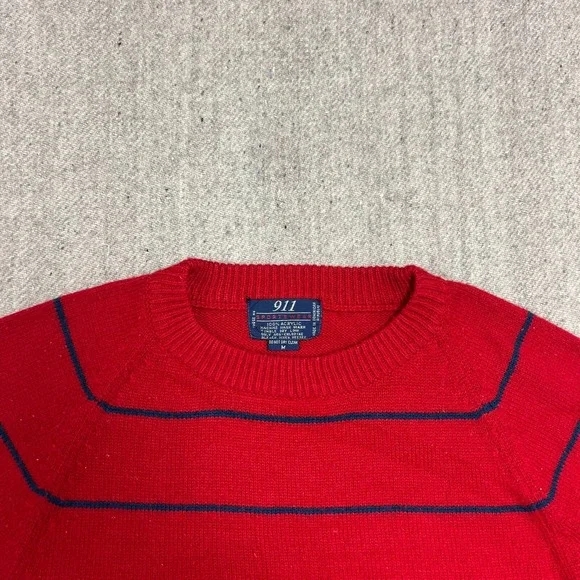 Vintage 911 Sportswear Sweater Mens Medium Red 1980s Striped Acrylic - Picture 2 of 10